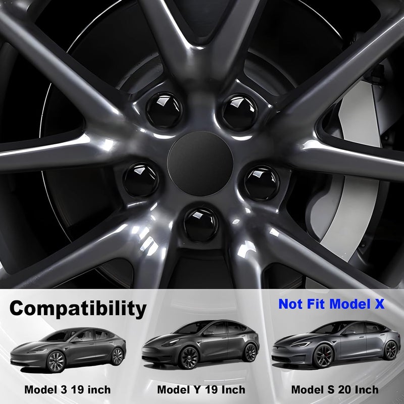 H3JANG Wheel Center Caps for Tesla Model Y Model 3 19 Inch Model S 20 Inch Wheel Hub Caps Center Cover with 4 Hub Center Cap + 20 Lug Nut Cover + 1 Pack Wrench No Logo (Matte Black) - Image 2